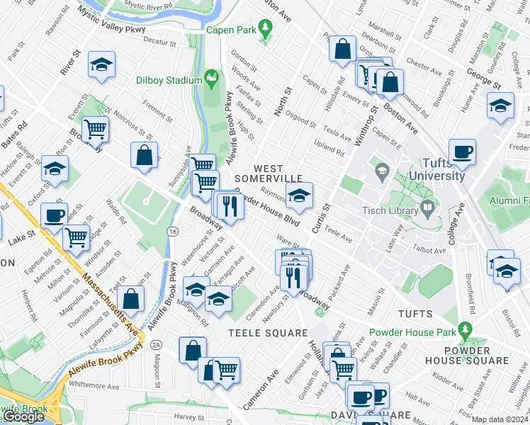 map of restaurants, bars, coffee shops, grocery stores, and more near 210 Powder House Boulevard in Somerville