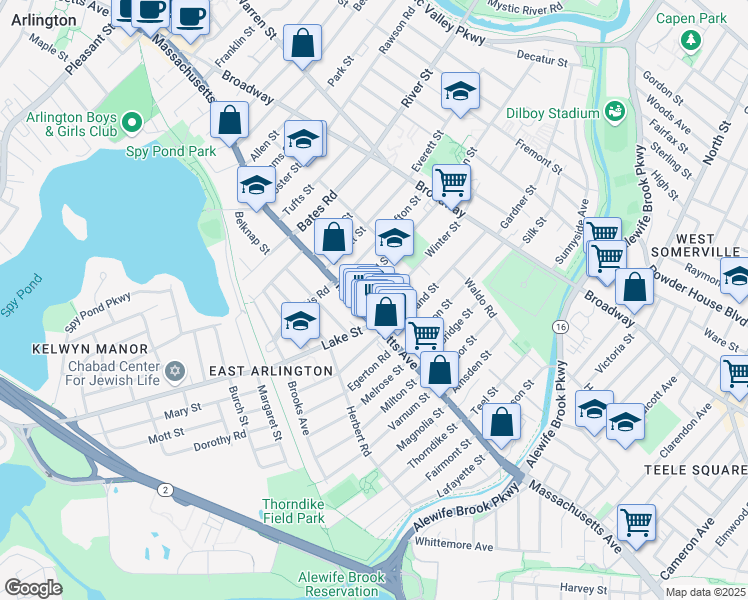 map of restaurants, bars, coffee shops, grocery stores, and more near 20 Winter Street in Arlington