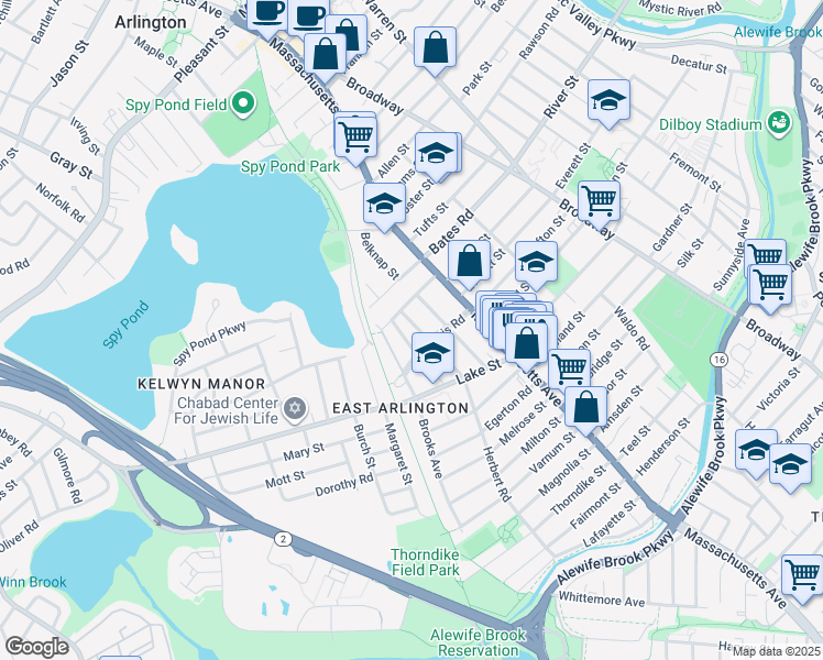 map of restaurants, bars, coffee shops, grocery stores, and more near 55 Newcomb Street in Arlington