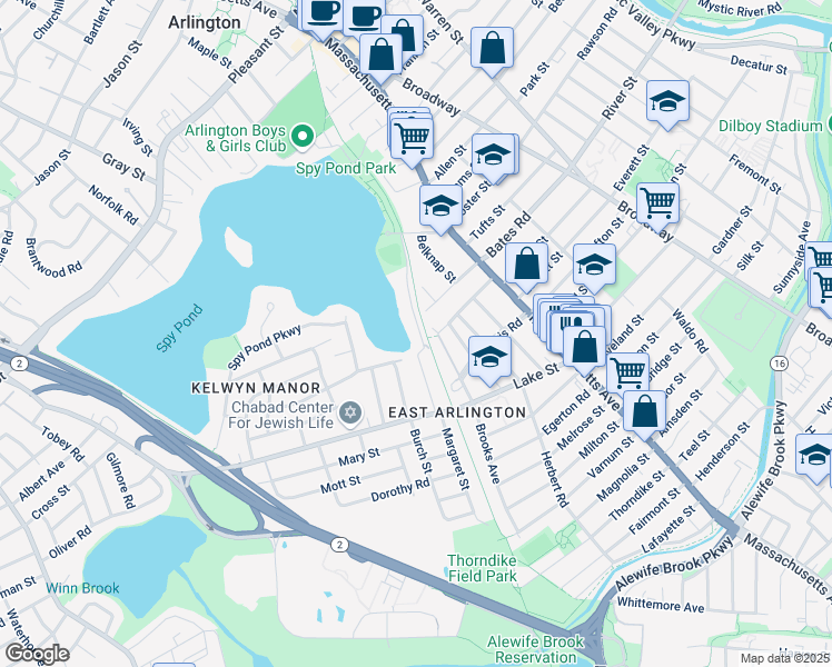 map of restaurants, bars, coffee shops, grocery stores, and more near 18 Hamilton Road in Arlington
