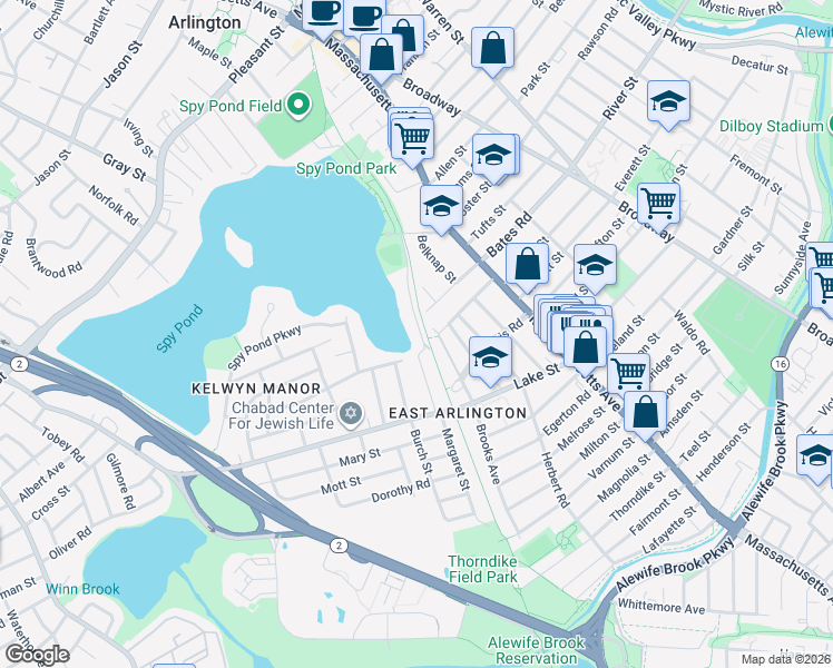 map of restaurants, bars, coffee shops, grocery stores, and more near 18 Hamilton Road in Arlington