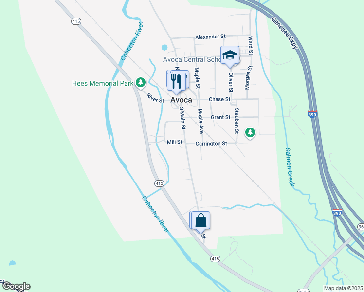 map of restaurants, bars, coffee shops, grocery stores, and more near 59 South Main Street in Avoca