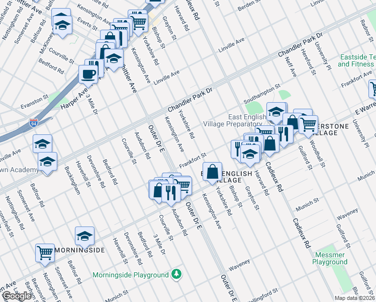 map of restaurants, bars, coffee shops, grocery stores, and more near 5246 Kensington Avenue in Detroit