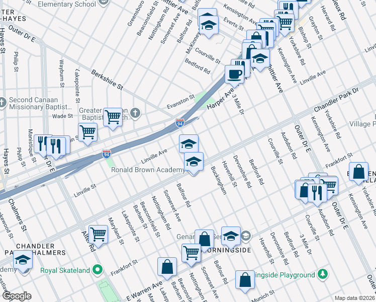 map of restaurants, bars, coffee shops, grocery stores, and more near 5768 Berkshire Street in Detroit