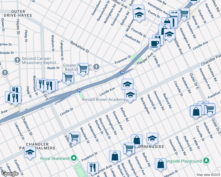 map of restaurants, bars, coffee shops, grocery stores, and more near 5913 Balfour Road in Detroit