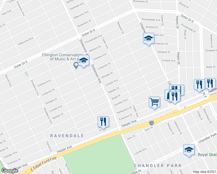 map of restaurants, bars, coffee shops, grocery stores, and more near 13000 Corbett Avenue in Detroit