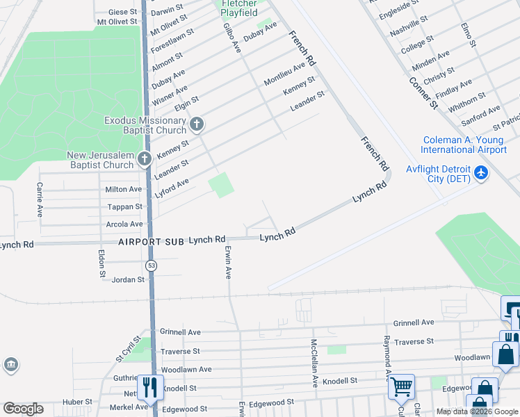 map of restaurants, bars, coffee shops, grocery stores, and more near 8386 Madola Avenue in Detroit