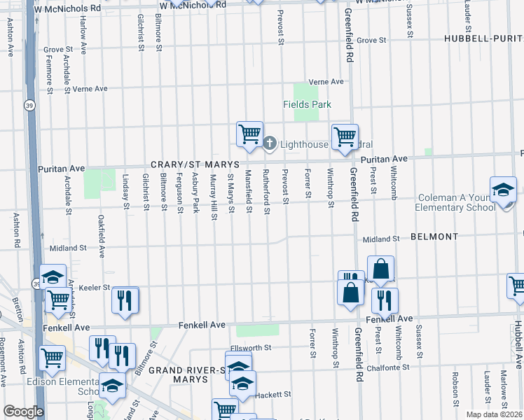 map of restaurants, bars, coffee shops, grocery stores, and more near 15780 Mansfield Street in Detroit