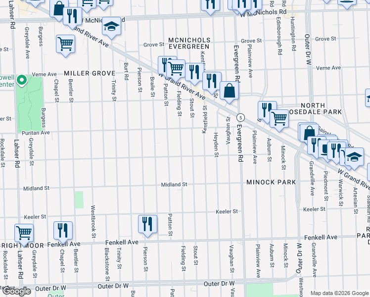map of restaurants, bars, coffee shops, grocery stores, and more near 15834 Fielding Street in Detroit