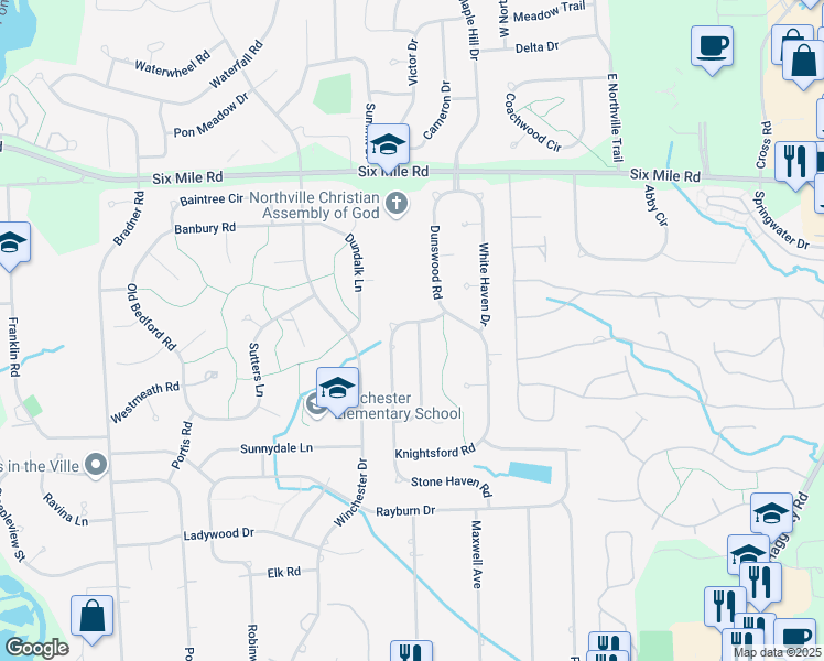 map of restaurants, bars, coffee shops, grocery stores, and more near 16416 Weatherfield Drive in Northville