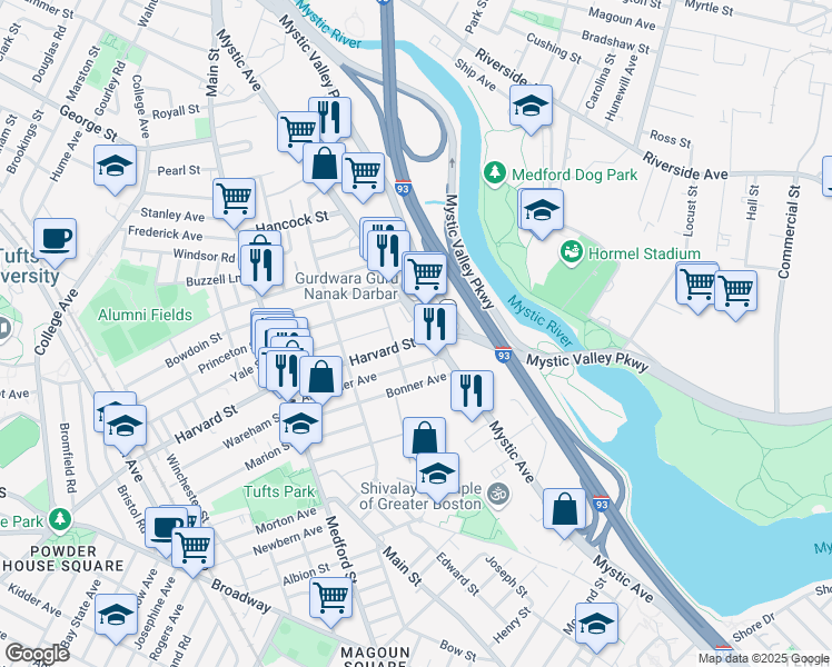 map of restaurants, bars, coffee shops, grocery stores, and more near 243 Mystic Avenue in Medford