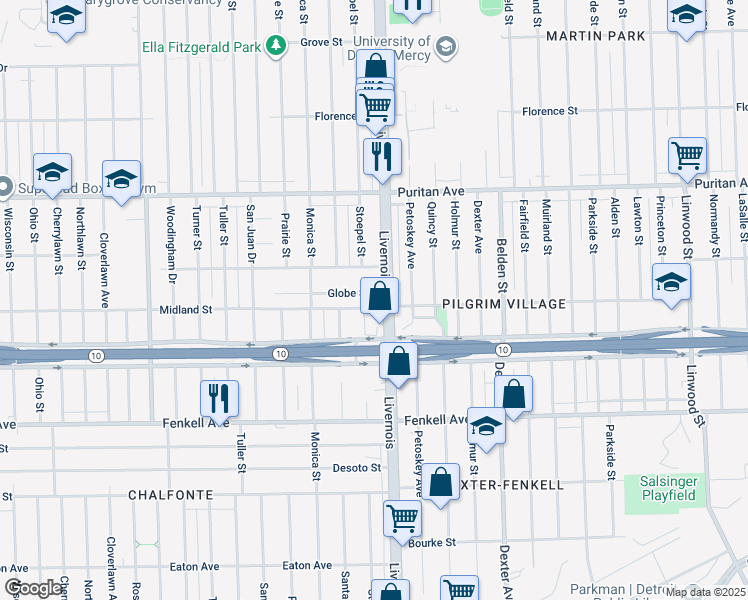 map of restaurants, bars, coffee shops, grocery stores, and more near 6330 Midland Street in Detroit