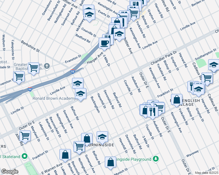 map of restaurants, bars, coffee shops, grocery stores, and more near 5601 Bedford Street in Detroit