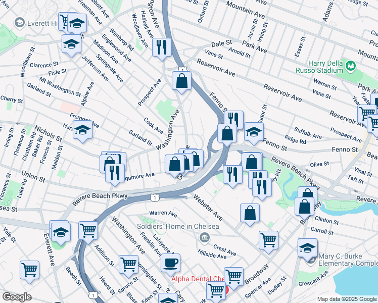 map of restaurants, bars, coffee shops, grocery stores, and more near 83 Garfield Avenue in Chelsea