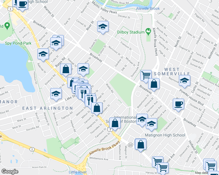 map of restaurants, bars, coffee shops, grocery stores, and more near 24 Waldo Road in Arlington