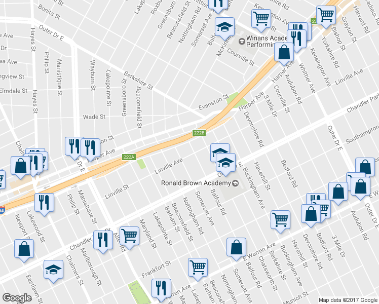map of restaurants, bars, coffee shops, grocery stores, and more near 5913 Balfour Road in Detroit