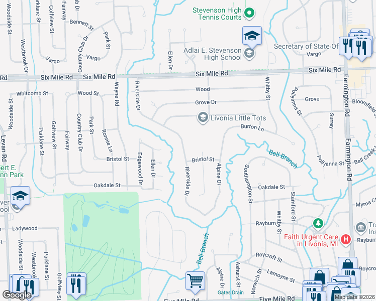 map of restaurants, bars, coffee shops, grocery stores, and more near 16348 Riverside Drive in Livonia
