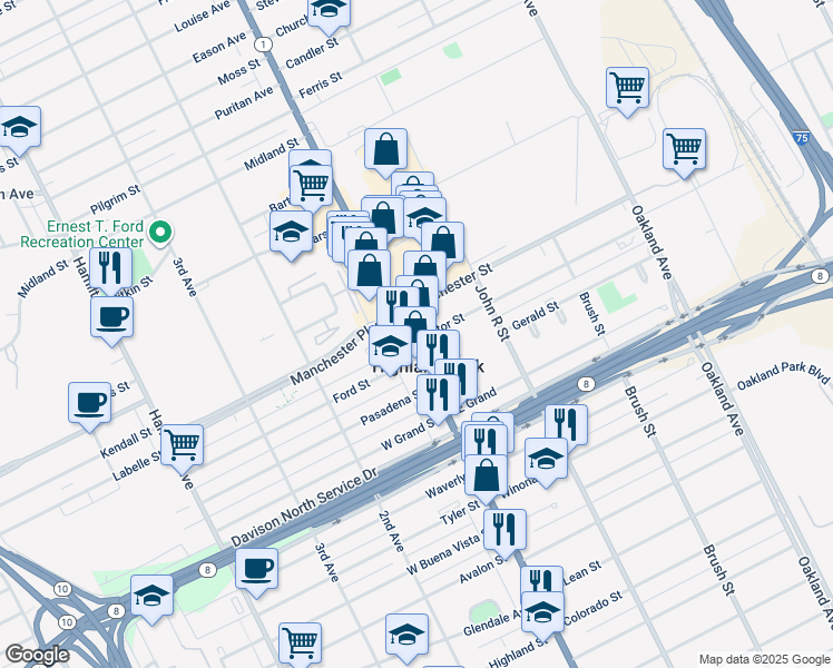 map of restaurants, bars, coffee shops, grocery stores, and more near 8 Victor Street in Highland Park