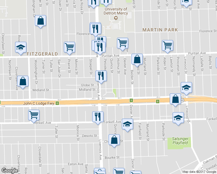 map of restaurants, bars, coffee shops, grocery stores, and more near 15708 Petoskey Avenue in Detroit