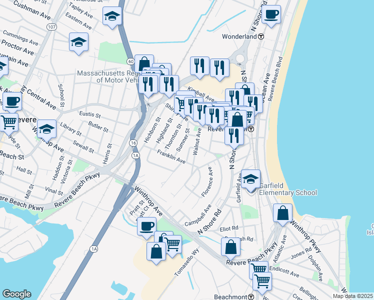 map of restaurants, bars, coffee shops, grocery stores, and more near 28 Franklin Place in Revere