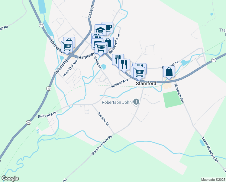 map of restaurants, bars, coffee shops, grocery stores, and more near 23 Railroad Ave in Stamford