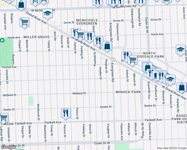 map of restaurants, bars, coffee shops, grocery stores, and more near 15835 Kentfield Street in Detroit