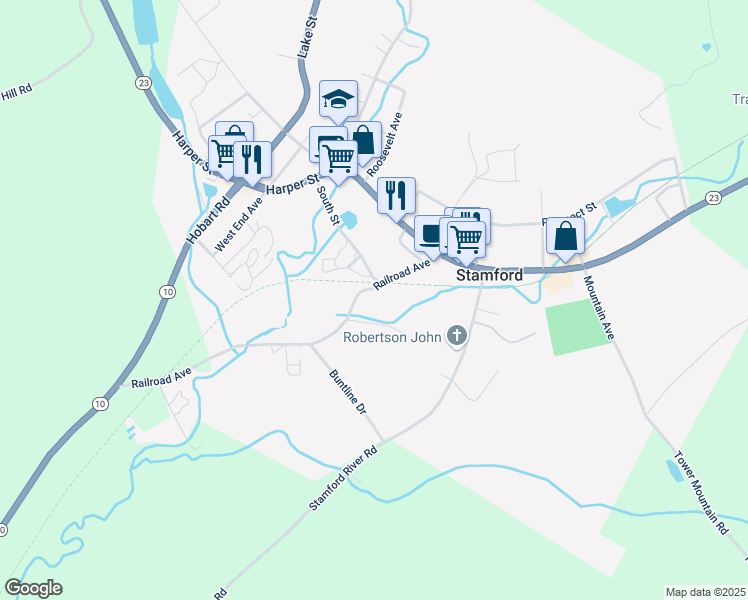 map of restaurants, bars, coffee shops, grocery stores, and more near 23 Railroad Ave in Stamford