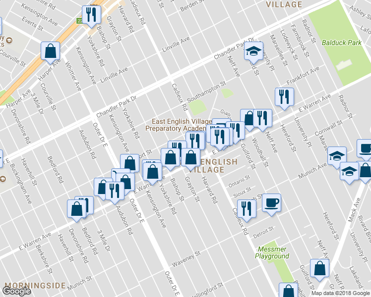 map of restaurants, bars, coffee shops, grocery stores, and more near 5067 Harvard Road in Detroit