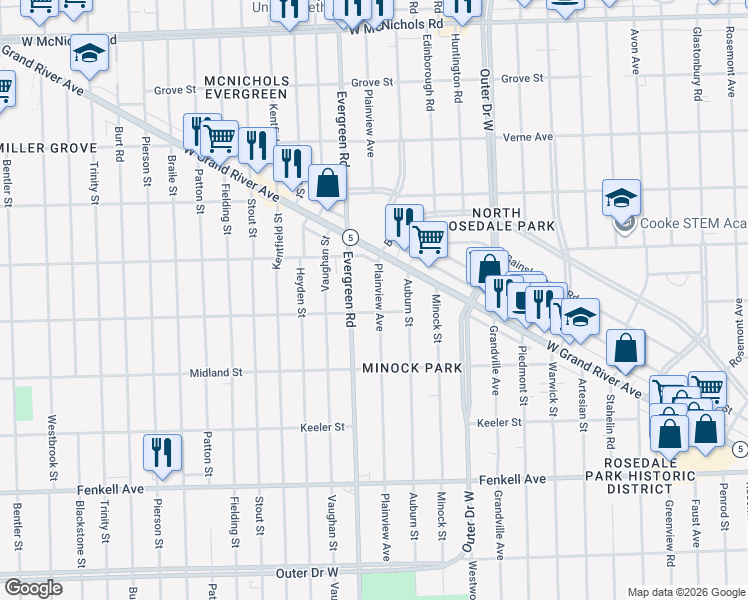 map of restaurants, bars, coffee shops, grocery stores, and more near 15825 Plainview Avenue in Detroit