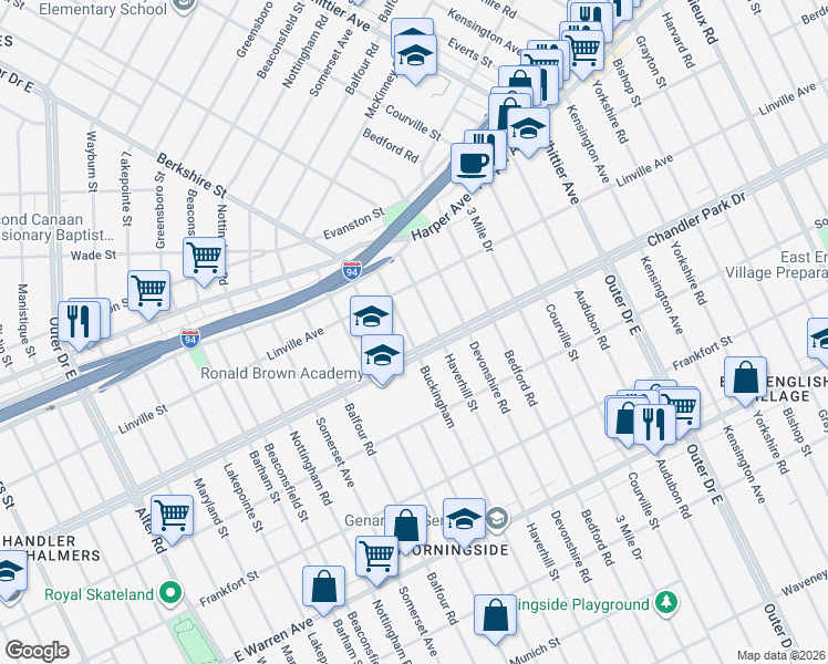 map of restaurants, bars, coffee shops, grocery stores, and more near 5734 Buckingham in Detroit