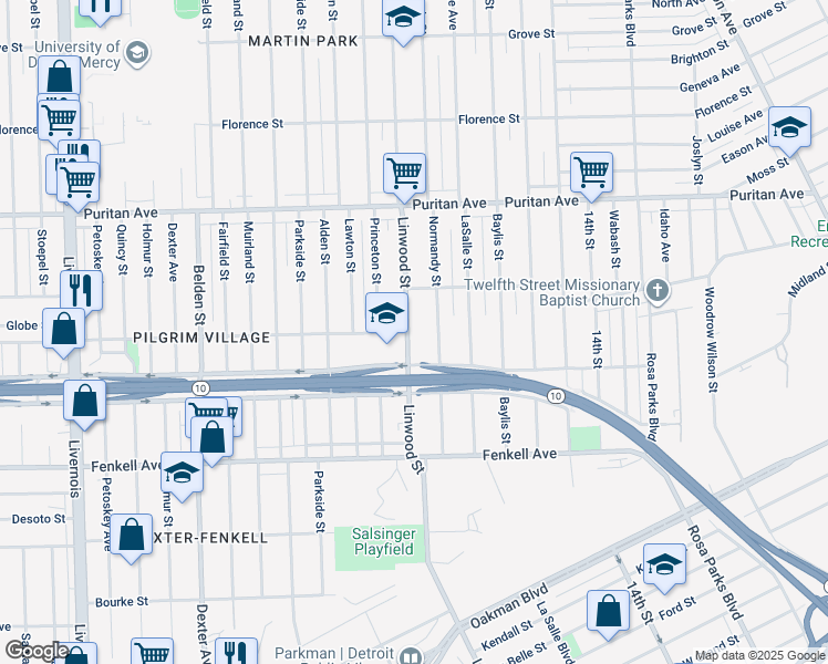 map of restaurants, bars, coffee shops, grocery stores, and more near 15580 Linwood Street in Detroit