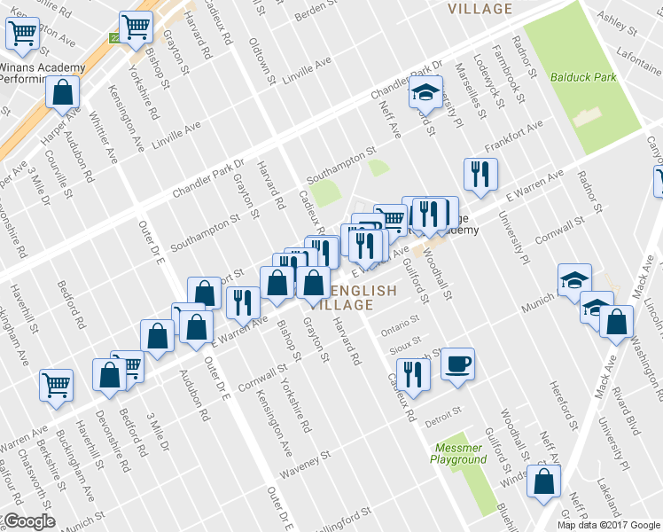 map of restaurants, bars, coffee shops, grocery stores, and more near 5037 Cadieux Road in Detroit