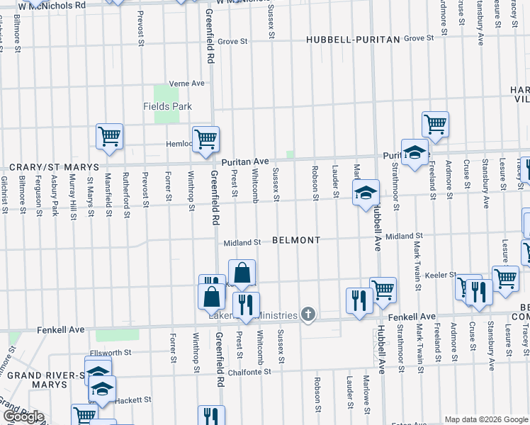 map of restaurants, bars, coffee shops, grocery stores, and more near 15760 Whitcomb in Detroit
