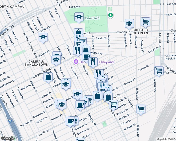 map of restaurants, bars, coffee shops, grocery stores, and more near 11758 Moran Street in Hamtramck
