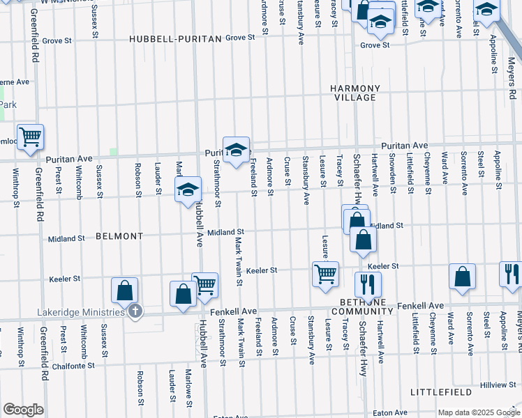 map of restaurants, bars, coffee shops, grocery stores, and more near 15752 Freeland Street in Detroit