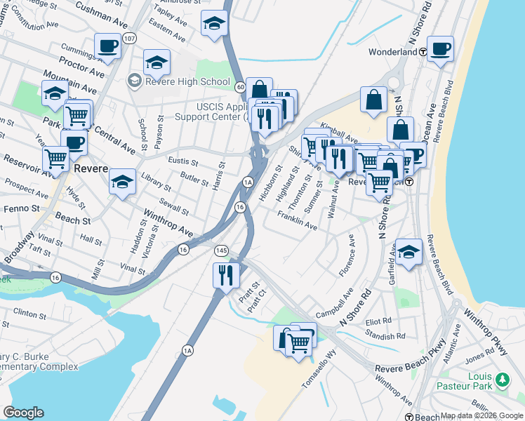 map of restaurants, bars, coffee shops, grocery stores, and more near 2 Summit Avenue in Revere