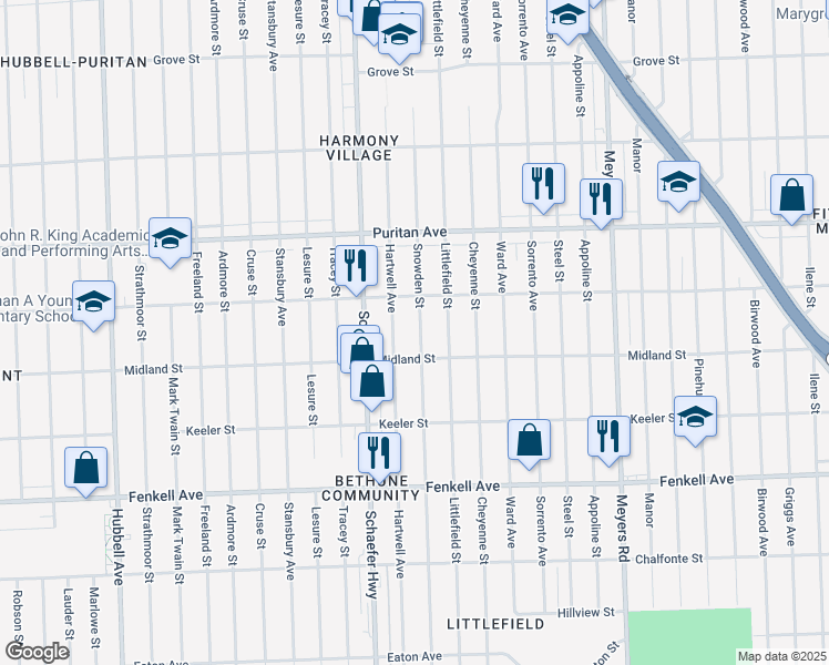map of restaurants, bars, coffee shops, grocery stores, and more near 15746 Hartwell Avenue in Detroit
