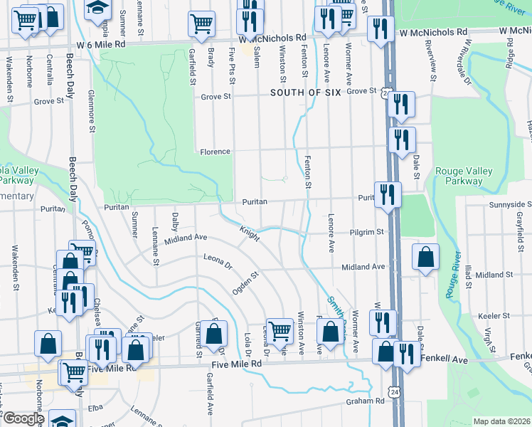 map of restaurants, bars, coffee shops, grocery stores, and more near 15972 Salem in Redford Charter Township