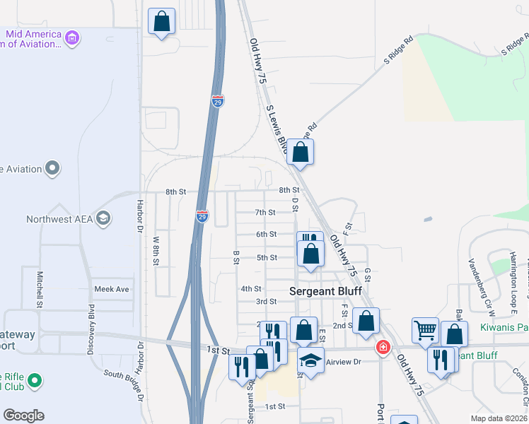 map of restaurants, bars, coffee shops, grocery stores, and more near 300 7th Street in Sergeant Bluff