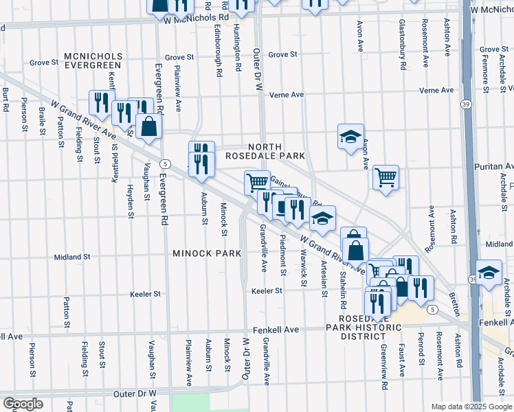 map of restaurants, bars, coffee shops, grocery stores, and more near 19330 Grand River Avenue in Detroit