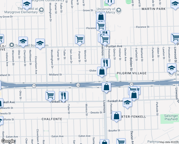 map of restaurants, bars, coffee shops, grocery stores, and more near 6465 Globe Street in Detroit