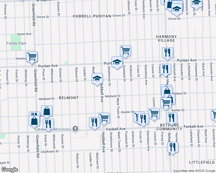 map of restaurants, bars, coffee shops, grocery stores, and more near 15749 Strathmoor Street in Detroit