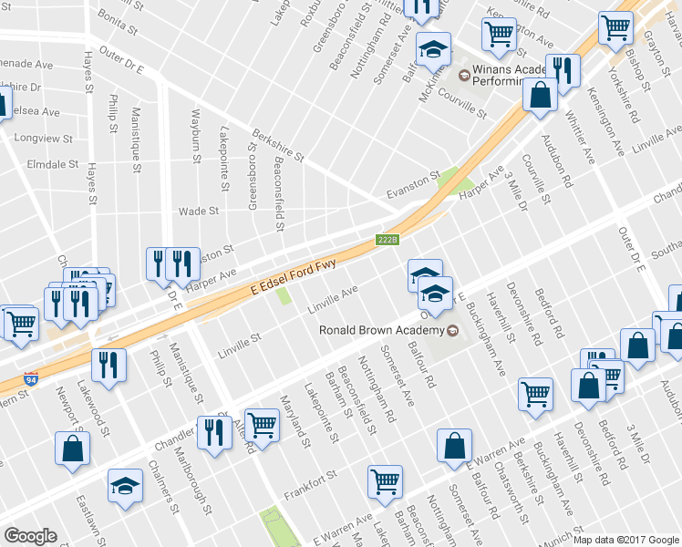 map of restaurants, bars, coffee shops, grocery stores, and more near 5941 Somerset Avenue in Detroit