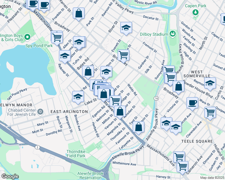 map of restaurants, bars, coffee shops, grocery stores, and more near 28 Cleveland Street in Arlington