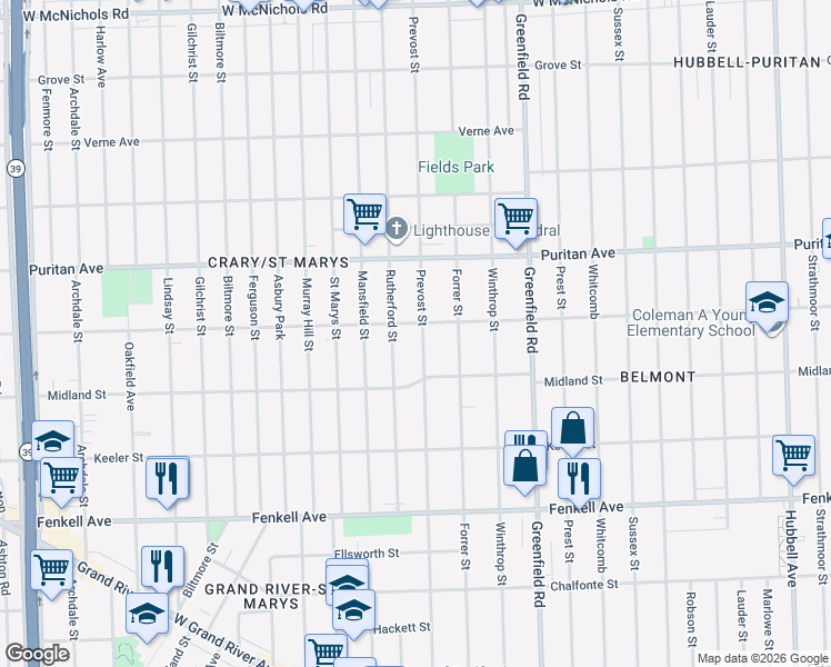 map of restaurants, bars, coffee shops, grocery stores, and more near 15757 Prevost Street in Detroit
