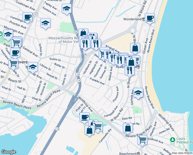 map of restaurants, bars, coffee shops, grocery stores, and more near 15 Thornton St in Revere