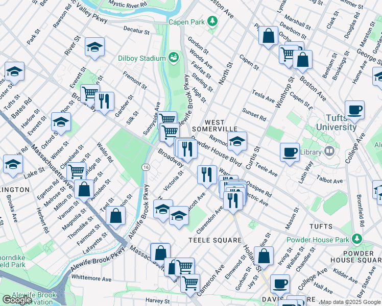 map of restaurants, bars, coffee shops, grocery stores, and more near 35 Barton Street in Somerville