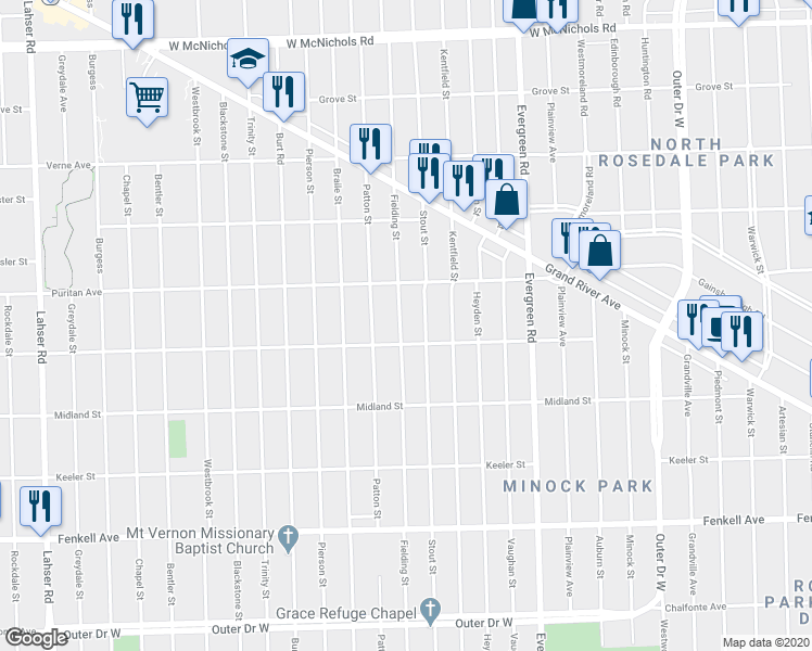 map of restaurants, bars, coffee shops, grocery stores, and more near 15834 Fielding Street in Detroit