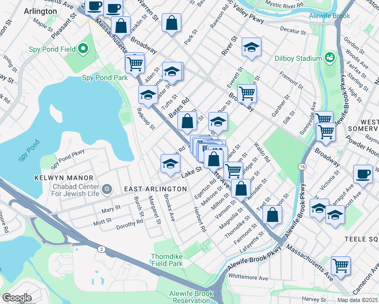 map of restaurants, bars, coffee shops, grocery stores, and more near 226 Massachusetts Avenue in Arlington
