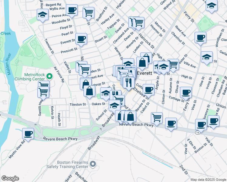 map of restaurants, bars, coffee shops, grocery stores, and more near 44 Corey Street in Everett